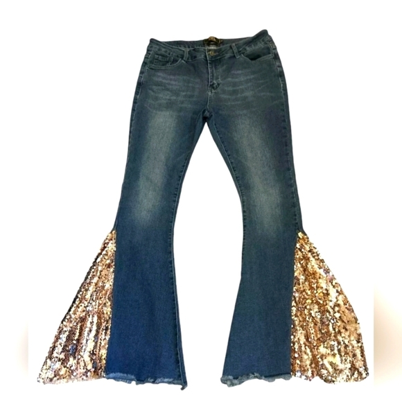 Sz 16 LUCKY & BLESSED Medium Wash Sequin Flared Leg Denim Jeans - Picture 1 of 6